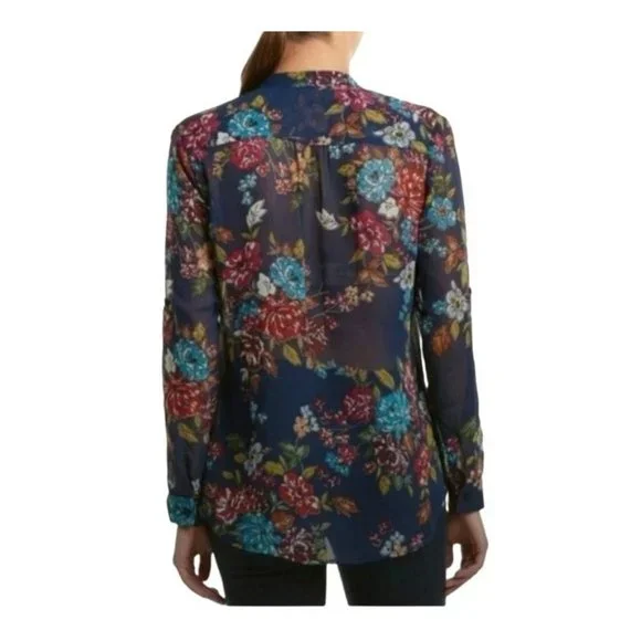 NEW Kut From The Kloth Sinclair Navy Blue Sheer Floral Blouse Size Small - Picture 3 of 12
